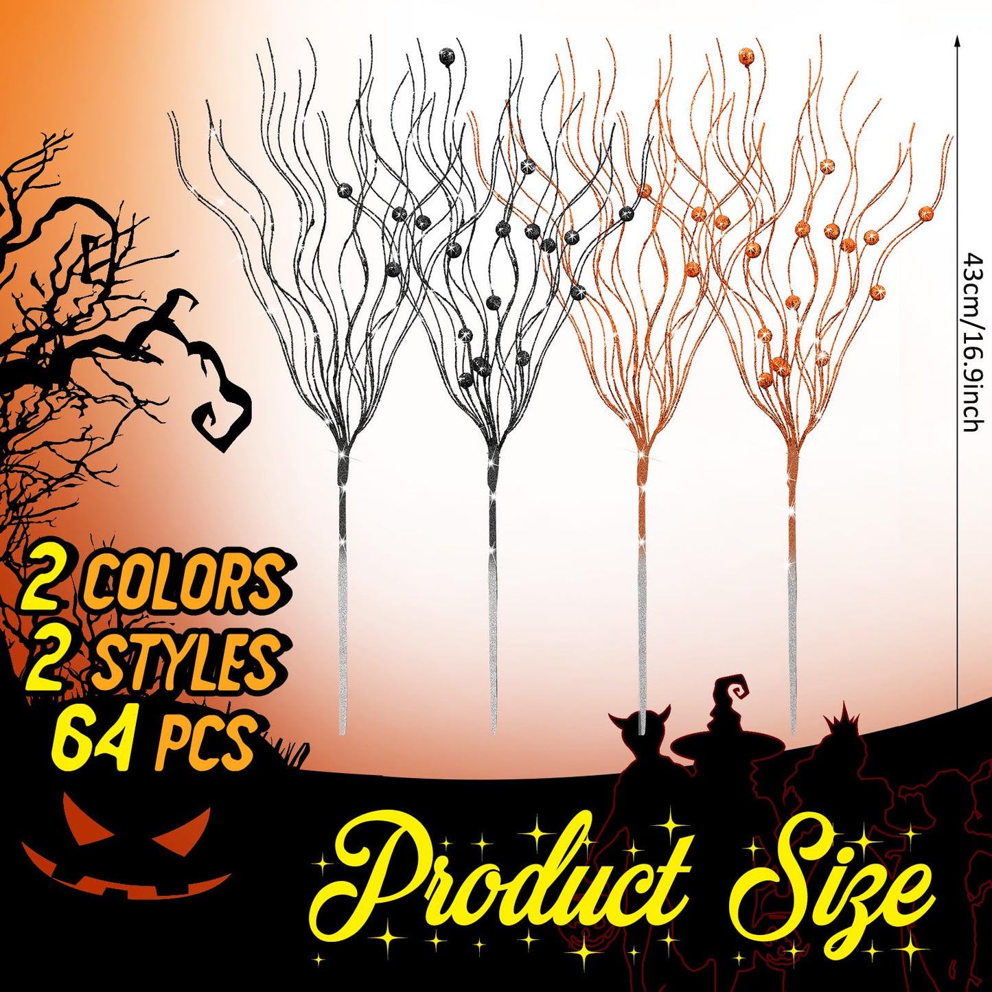 Giegxin 16 Pack Halloween Artificial Glitter Berry Stem, 17 Inches Fall and Thanksgiving Floral Picks Branches for Vase Centerpieces Labor Day Decor Holiday Ornaments(Black, Orange)