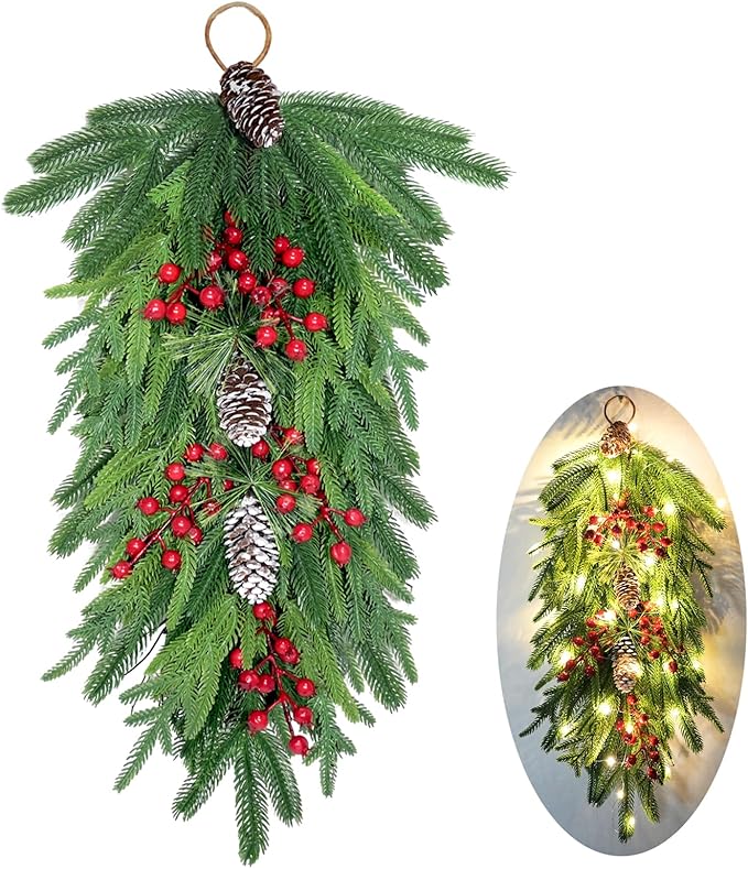2025 Upgraded 26inch Christmas Swag with Lights Lush Norfolk Pine Teardrop Swags Christmas Wreaths with Lights Greenery Stairway Swags Staircase Decorations for Door Indoor Outdoor Home Hanging Décor