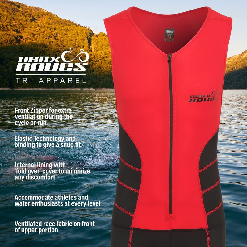 Deux Roues Youth Triathlon Suit Racing Tri Cycling Skin Suit Bike Swim Run - Bonus Race Bib Belt (Red, Youth 14)