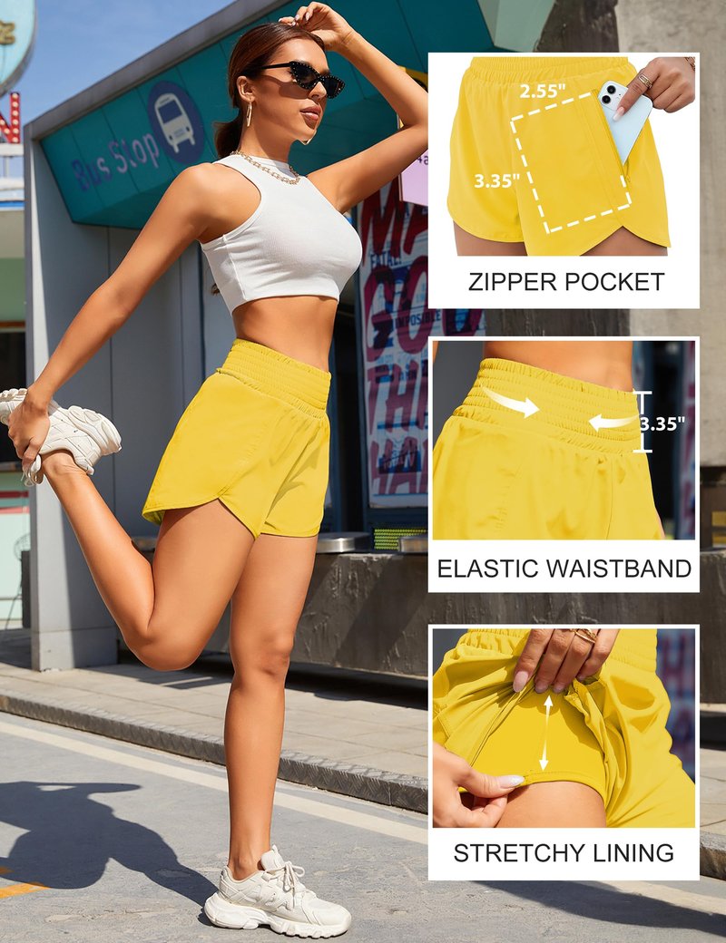 BMJL Women's Athletic Shorts High Waisted Running Short Pocket 2.5" Sporty Shorts Gym Elastic Workout Shorts(L,Bright Yellow)