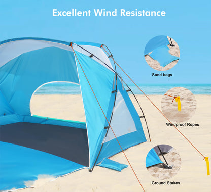 Beach Tent, Portable Sun Shelter for 2/3/4/6-8 Person with UPF 50+ UV Protection, Easy Setup Waterproof Beach Shade Canopy Cabana for Family Outdoor and Picnics, Fishing with Carrying Bag