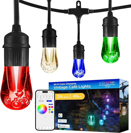 Enbrighten Vibe Vintage Outdoor String Lights Gen 2, 48ft, 24 RGBWIC Acrylic Bulbs, Weatherproof, Perfect for Gameday, Holidays, and More, Smart App Control, Compatible with Alexa, Google Home, 86128