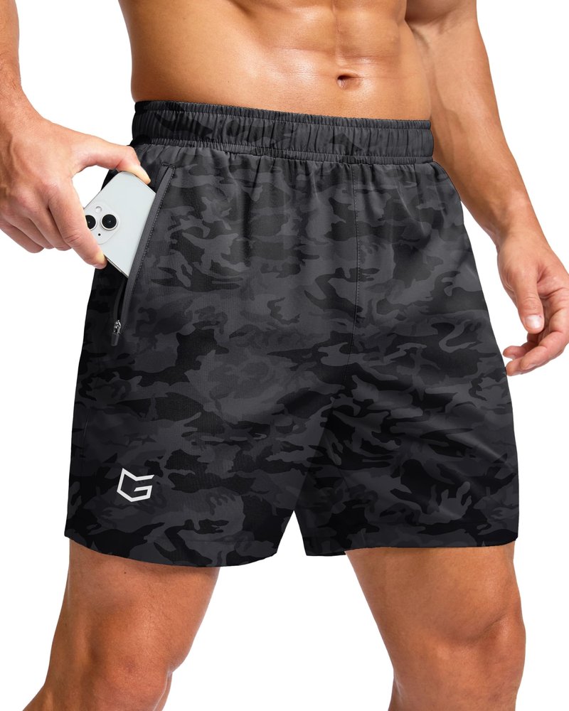 G Gradual Men's Athletic Running Shorts with Zipper Pockets Quick Dry 7"/ 5"/ 9" Workout Gym Shorts for Basketball Hiking(Grey Camo,5L)