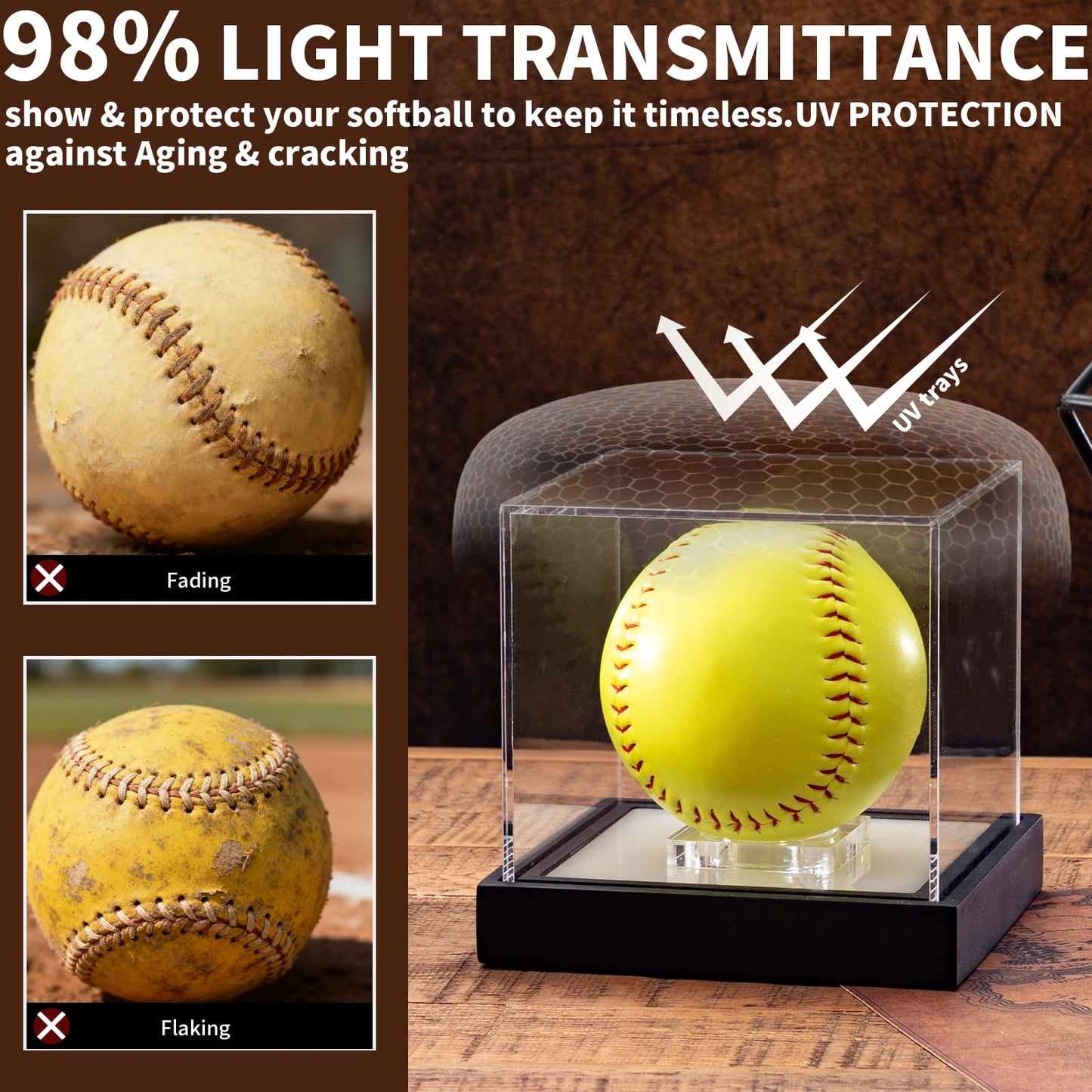 Softball Display Case with LED Light and Solid Wood Base, UV Protected Acrylic Display Box for Memorabilia, Signed Balls Showcase, No Assembly Required