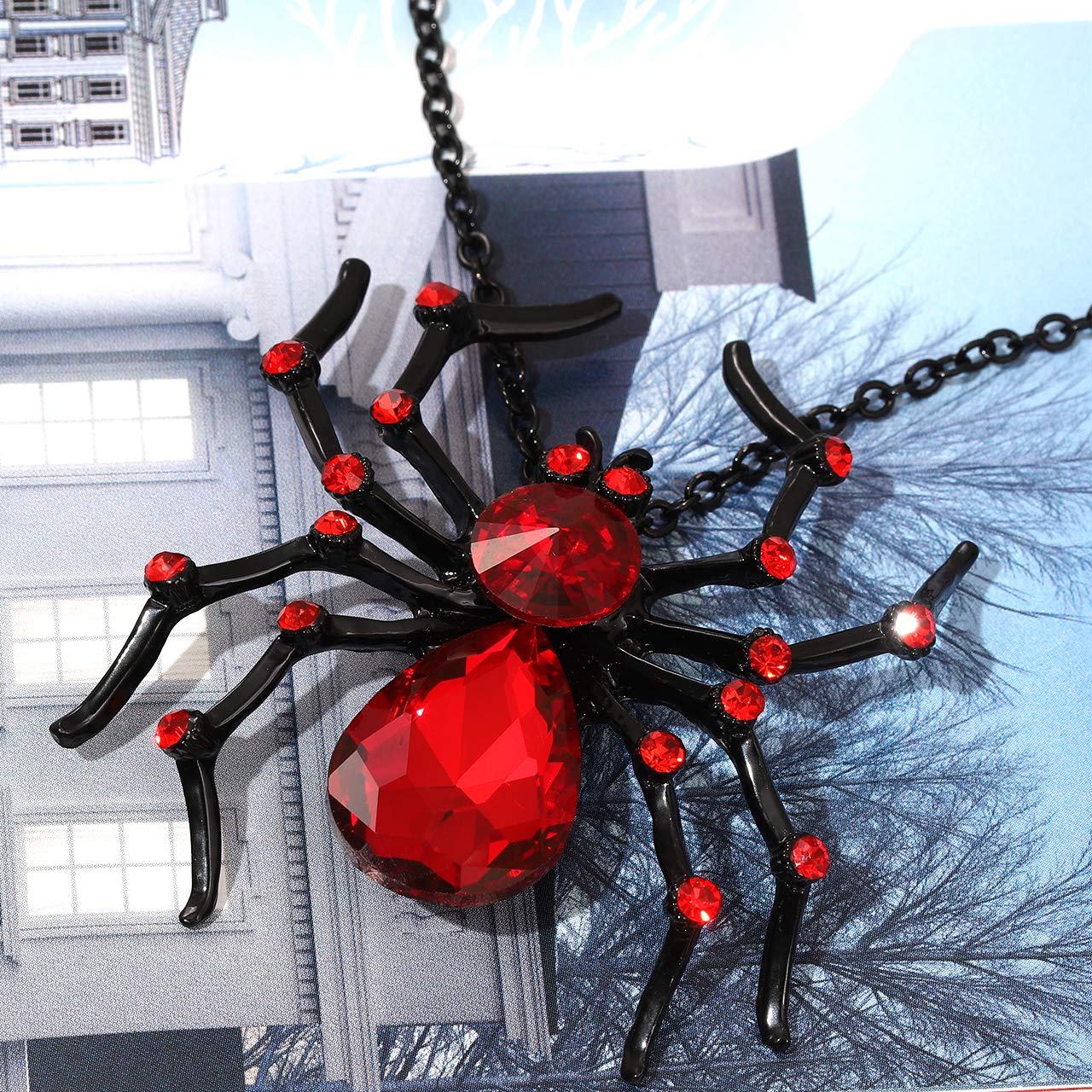 Halloween Spider Necklace Big Black Red Crystal Spider Pendant Halloween Party Costume Accessories Necklace Statement Long Necklaces (Red)