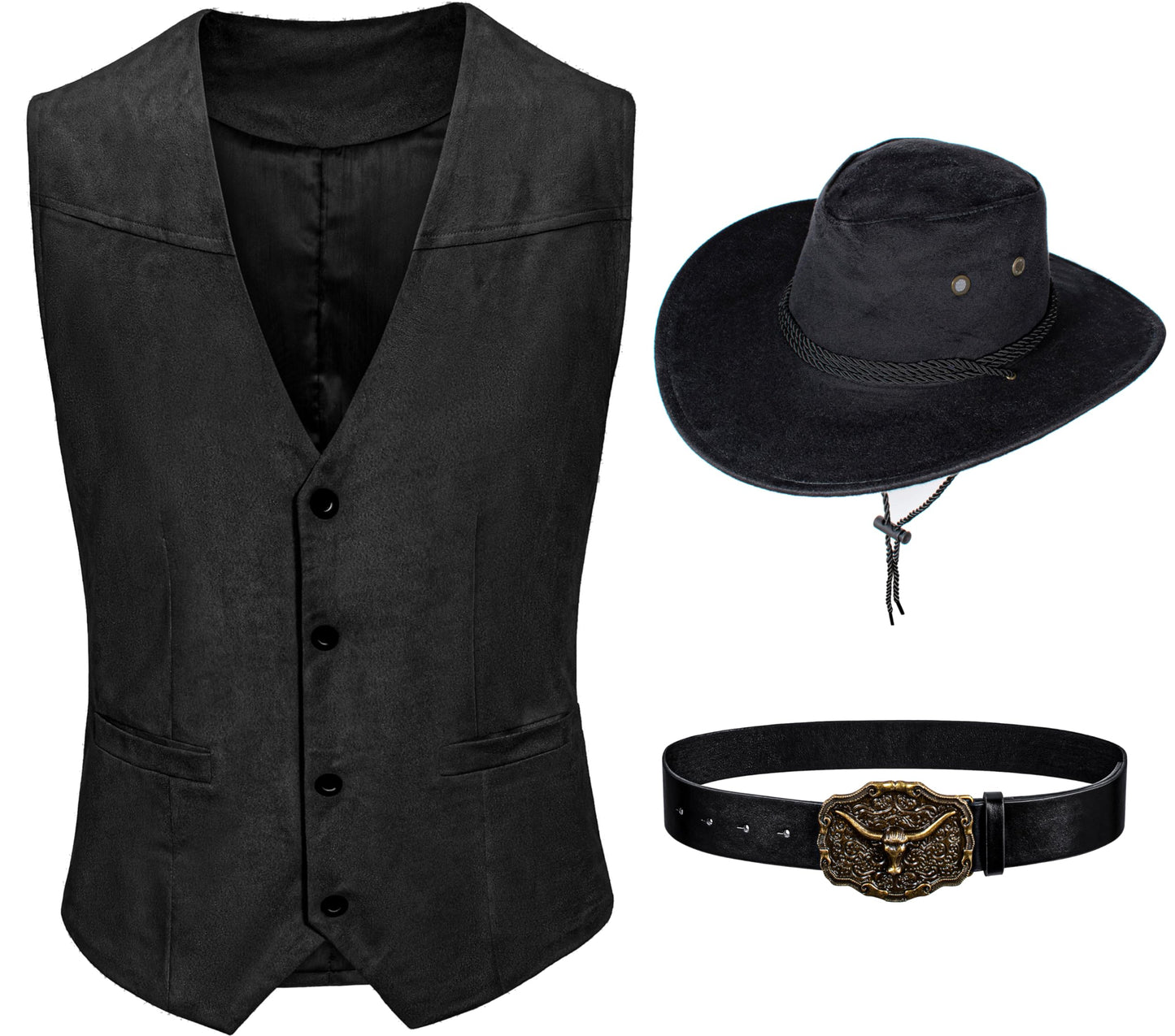 KAIPUTE Western Cowboy Costume Men's Vest Hat Belt for Adult Halloween Party Cosplay Black