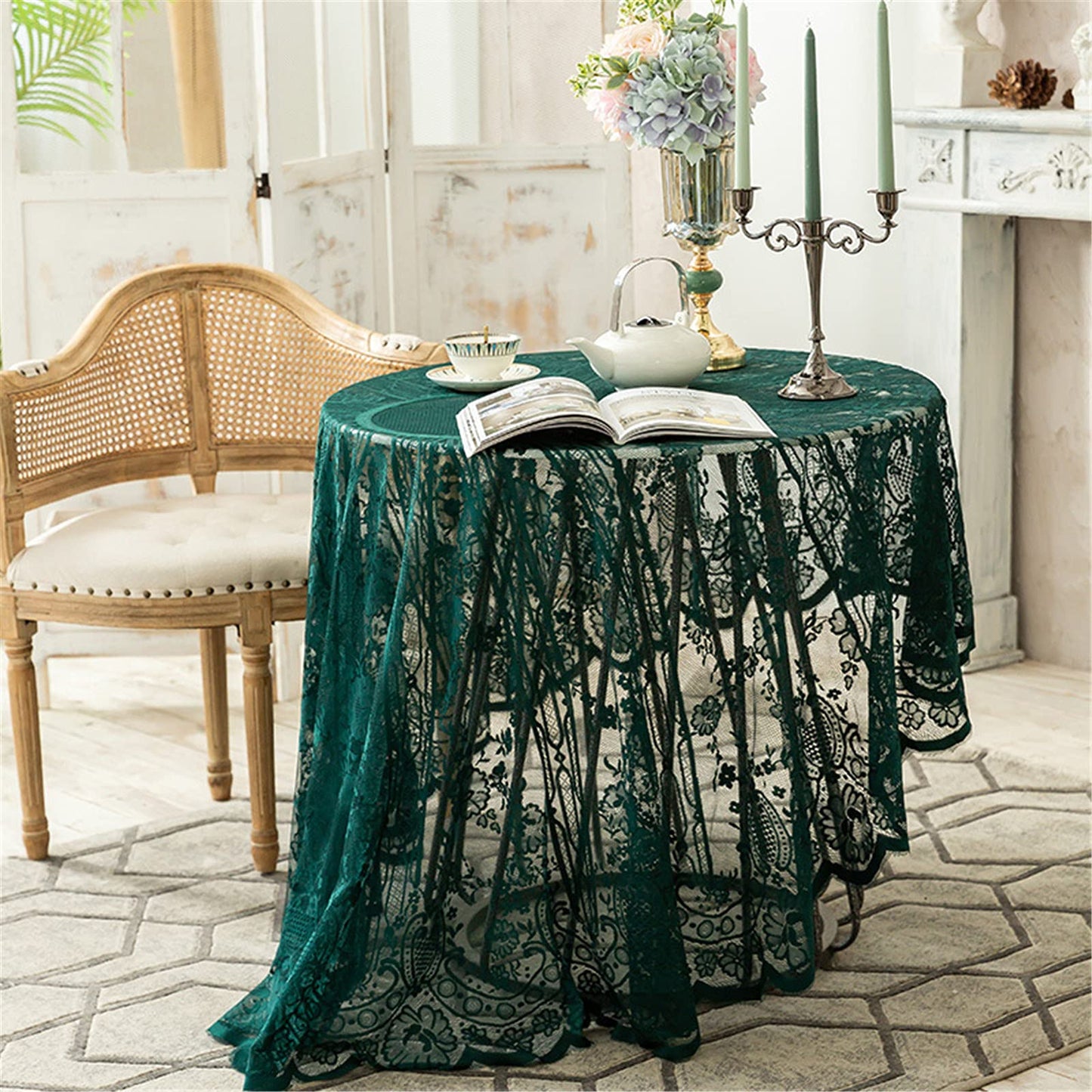 Green Lace Tablecloth Embroidered Elegant Floral Patterns Table Cloth Round Overlay Table Cover for Wedding Party Holiday Long Dinner Home Decor(Round-60, Green)