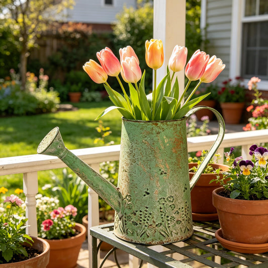Vintage Green Metal Watering Can, Functional Garden Waterer with Floral Embossed for Indoor Outdoor Plant Care, Rustic Decor for Home Garden Patio