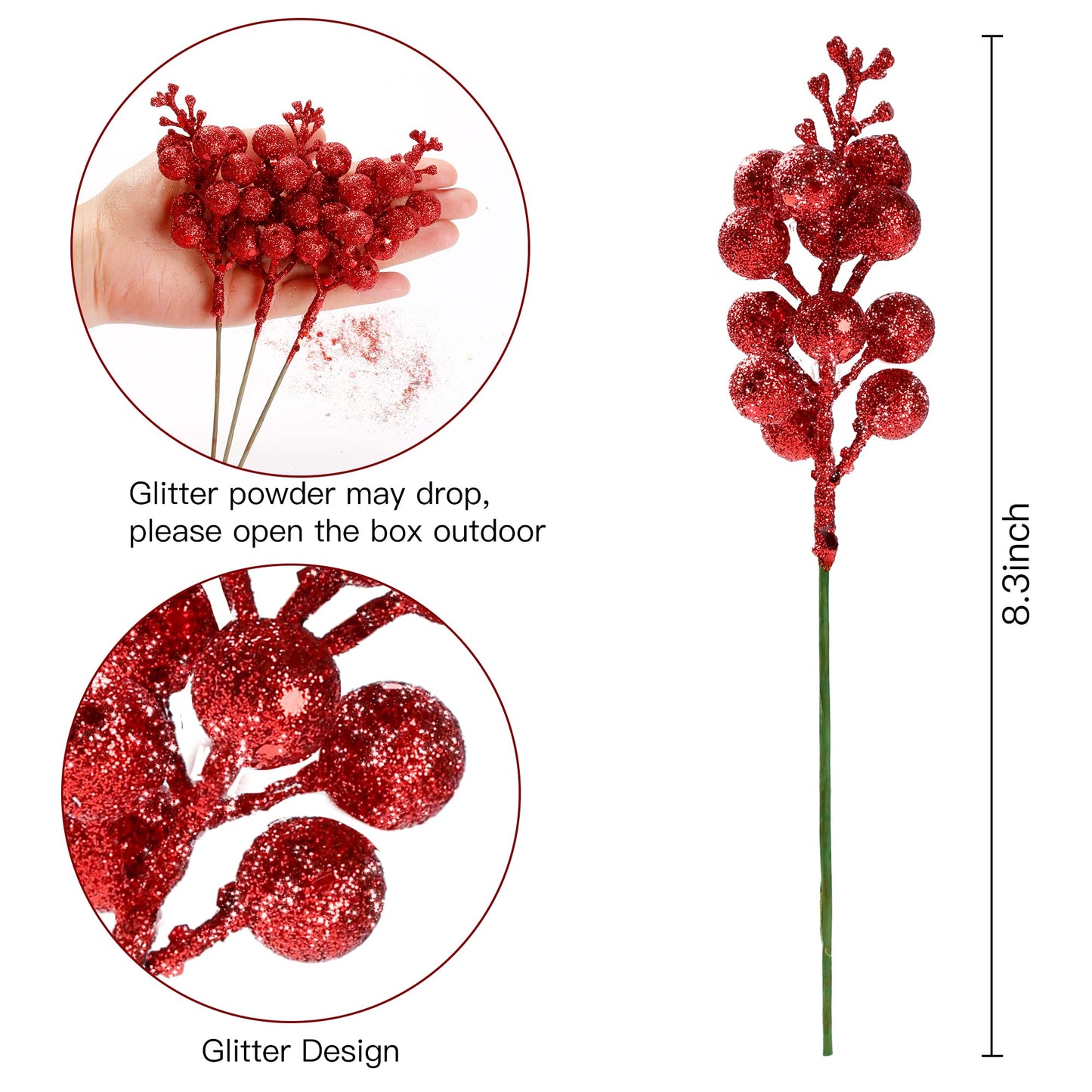 Sggvecsy 30Pcs Christmas Glitter Berries Stems Artificial Red Berry Branches Holly Picks Stems Christmas Tree Ornaments for DIY Xmas Wreath Crafts Gifts Holiday Home Decor (Red)