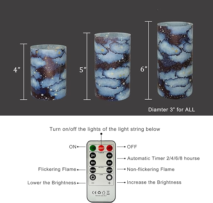 Flickering Flameless Candles Night Sky Stars Print, Embedded Star String Lights, Battery Operated Acrylic LED Pillar Candles with 11-Key Remote and Timer for Home Decoration, 3 Pack