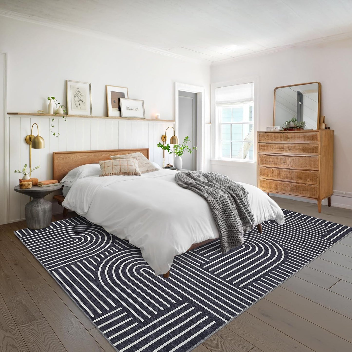 ROYHOME Washable Rug 5x7 Area Rugs for Living Room, Abstract Rug for Bedroom, Soft Rainbow Non Slip Throw Rugs with Rubber Back, Low Pile Stain Resistant Boho Geometric Carpet for Dining Room, Black