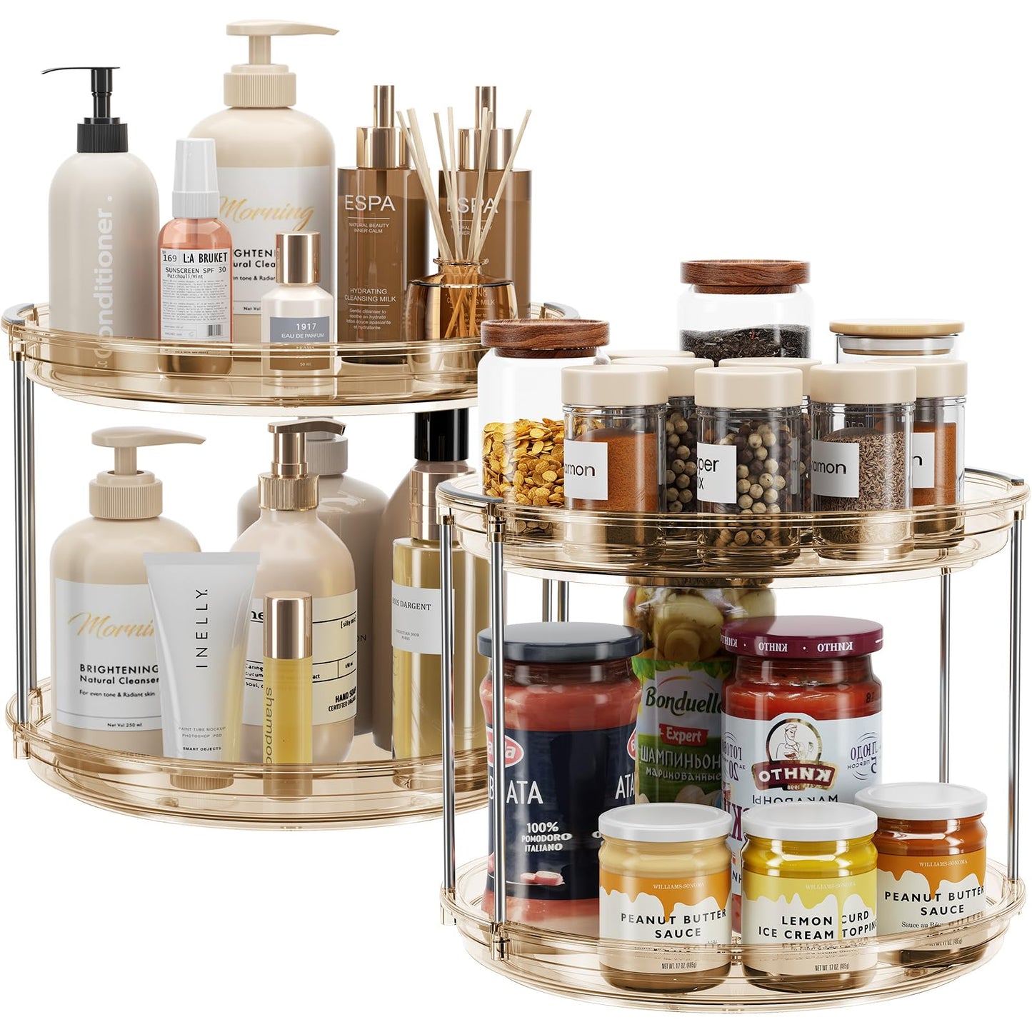 LAMU 2 Tier Lazy Susan Turntable Organizer 9.25'' Rotating Spice Rack Organization for Cabinet, Kitchen, Pantry, Countertop, Bathroom, Vanity, Medicine Cabinet Organizer, Clear