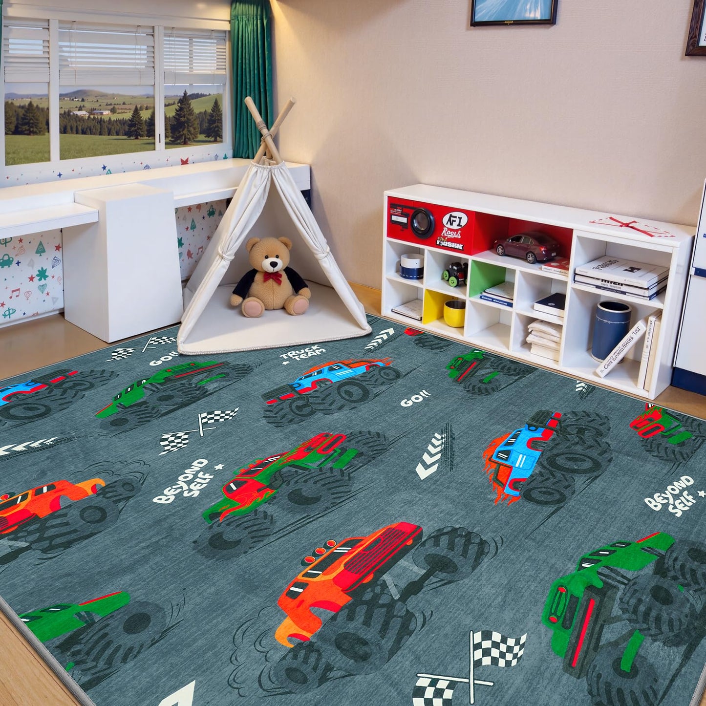 STARUIA 5x7 Washable Car Rugs for Boys Room, Large Cool Race Truck Kids Rug for Bedroom, Soft Boys Play Rug Construction Carpet for Kids Room Playroom Living Room（Grey