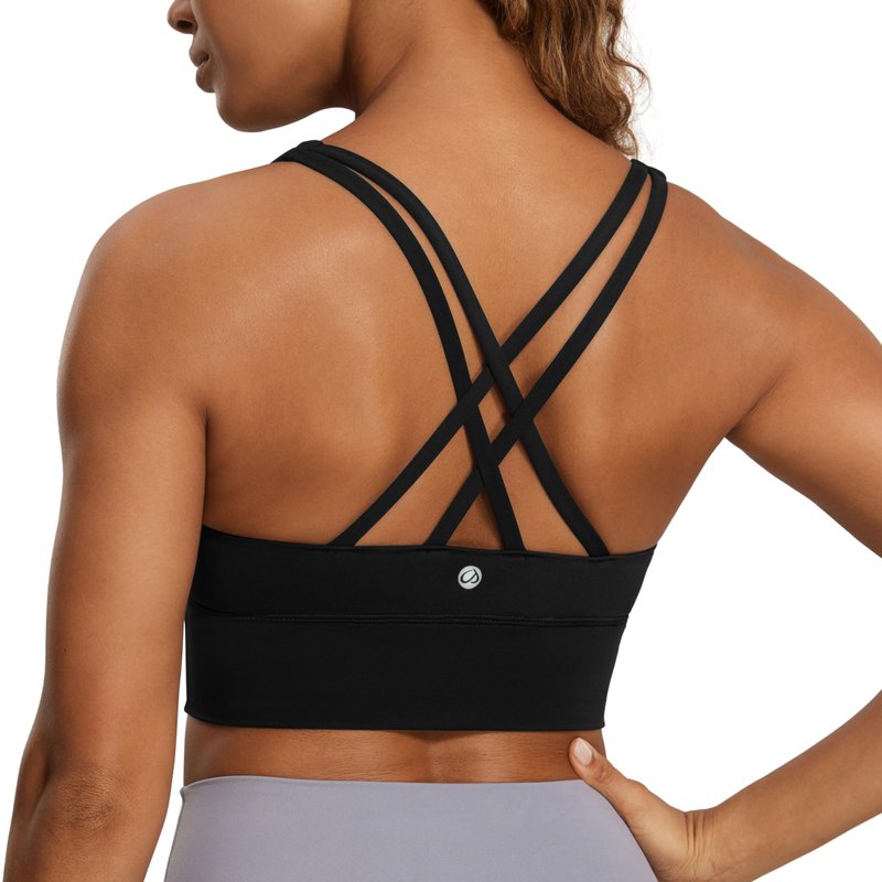 CRZ YOGA Naked Feeling Strappy Longline Sports Bras for Women - Medium Impact Criss Cross Yoga Padded Workout Crop Top Black Medium