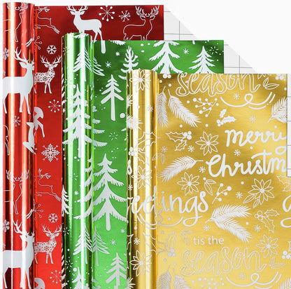 Merture 3 Rolls Christmas Wrapping Paper Set - 17 inch x 120 inch per Roll - Red, Green, Gold Metallic Gift Wrap With Reindeer, Christmas Tree, Snowflake, Dahlia Design