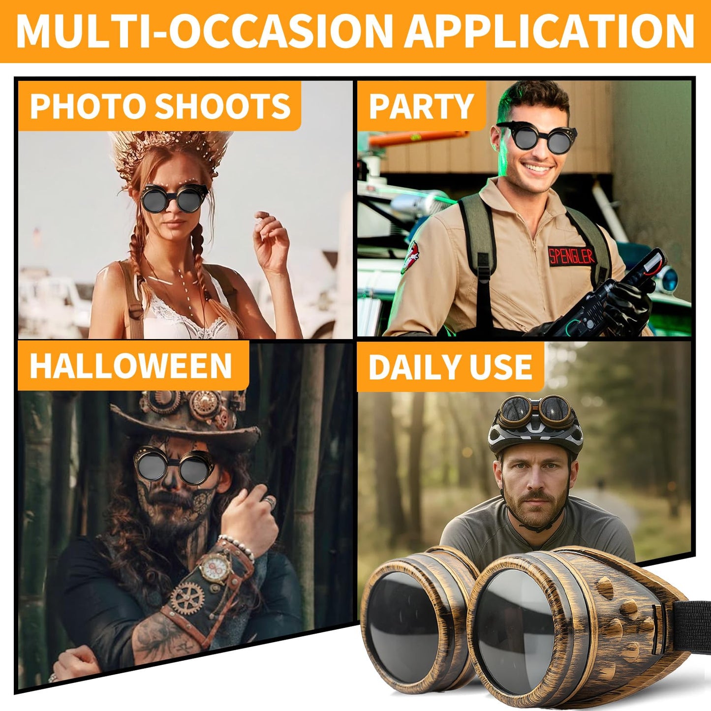 TamBee Costume Goggle Steam Punk Glasses Costume Cosplay Goggles Steampunk Accessories - Round Goggle, Black Lens, Elastic Band, for Halloween Party, Women, Men (1 Black + 1 Copper)