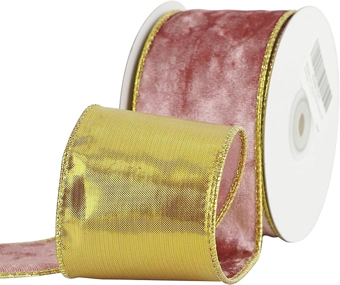 MEEDEE Pink and Gold Velvet Ribbon 2.5 inch Thick Velvet Wired Edge 10 Yards Two Tone Ribbon for Christmas Tree, Gift Wrapping, Wreaths, Large Bows, Crafts Supply