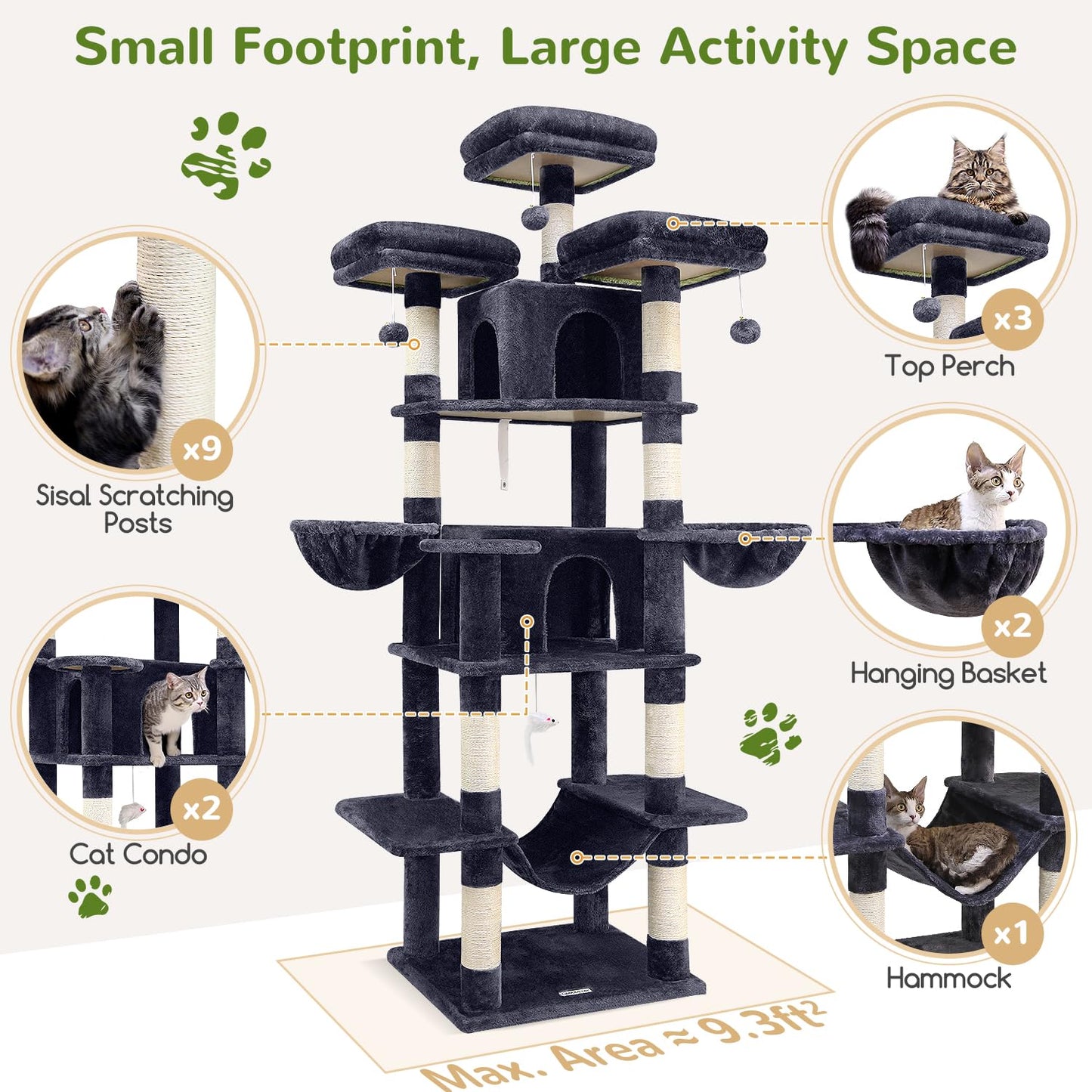 Globlazer Big Cat Tower for Indoor Cats, 80inch Cat Tower for Multiple Adult Cats XXL Cat Tree with Scratching Post, Hammock, 3 Perches, 2 Condos, 2 Hanging Basket, F80, Dark Grey