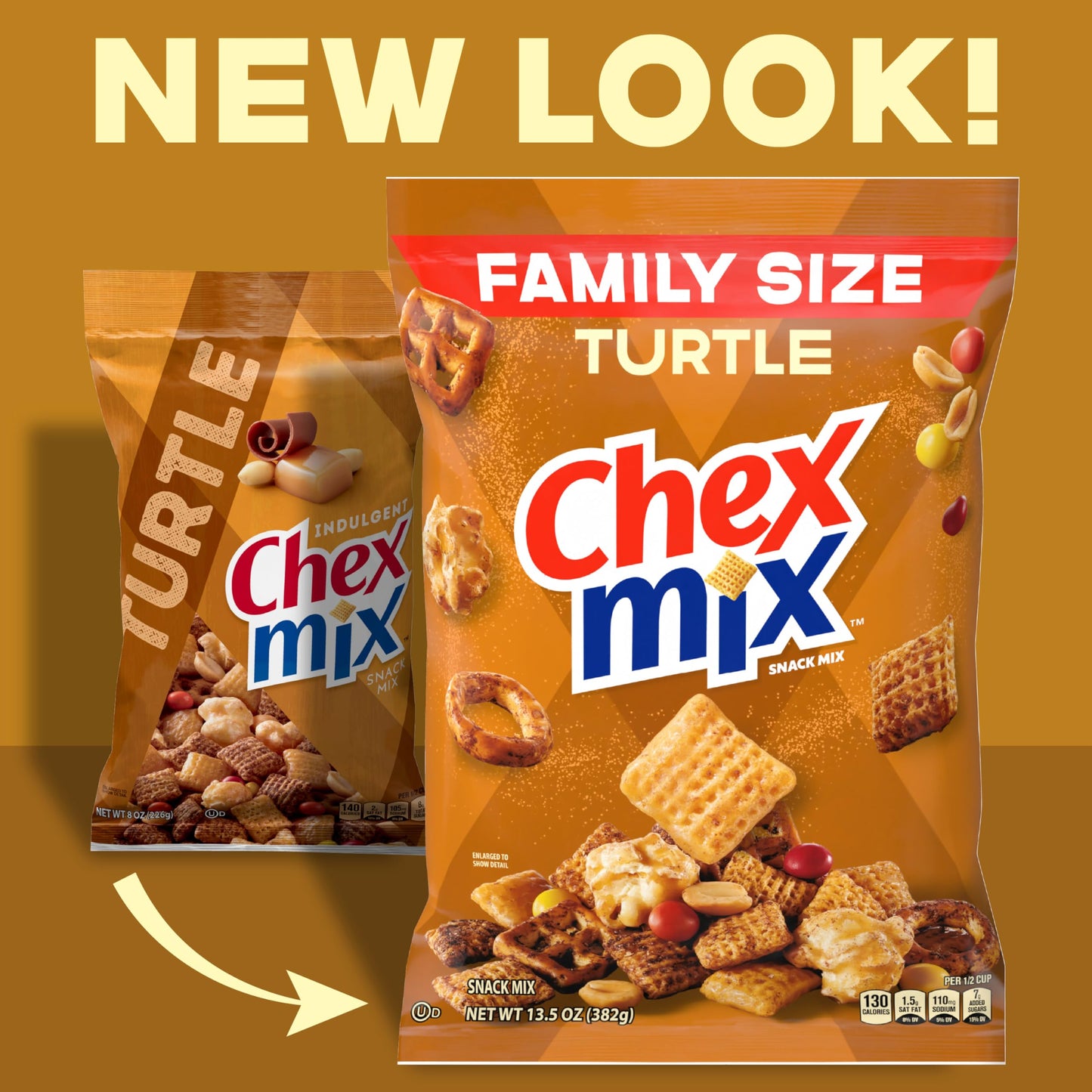 Chex Mix Turtle Snack Mix, Indulgent Snacks, Family Size, 13.5 oz