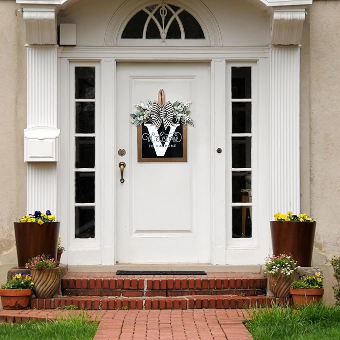 Ultra Large 14'' Last Name All Year Round Front Door Wreath with 26 Initial Letter Welcome Sign All Seasons Eucalyptus Garland and Bow Wreaths for Front Door Porch Farmhouse Decoration (V)