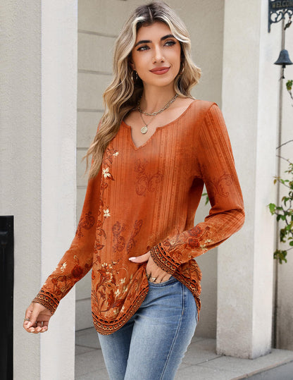 Zeagoo Boho Tops for Women Thanksgiving Long Sleeve Shirts V Neck Fall Casual Blouses Floral Printed Plus Size Tshirt XL