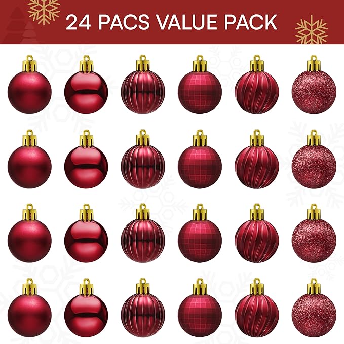 JOIEDOMI 24 Pcs Burgundy Red Christmas Balls Ornaments Set, 2.36" Christmas Tree Ornaments Shatterproof, Xmas Balls Hanging Decorations for Tree Wreath Garland Holiday Wedding Indoor Party Decor