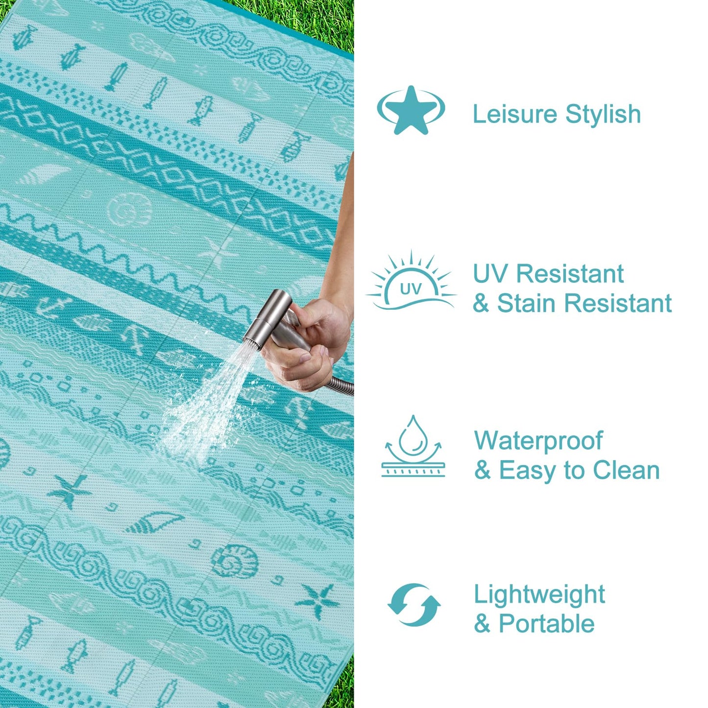 Uphome Coastal Outdoor Rug Waterproof 6x9, Reversible Ocean Beach Theme Striped Patio Plastic Straw Rugs, Tribal RV Camping Outside Carpet Mat for Pool Back Yard Deck Picnic, 6 x 9 ft