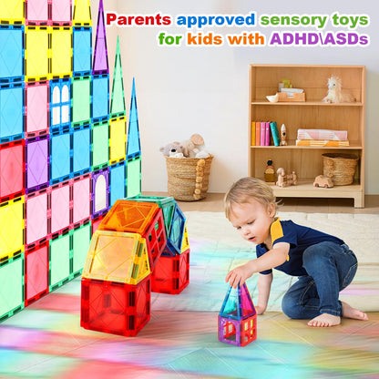 100PCS Magnetic Tiles Kids Toys - Magnetic Building Blocks STEM Magnet Building Set Preschool Learning Magnet Toys for Kids Ages 3-5 4-8, Sensory Montessori Toy for Toddlers 3+ Year Old Boys Girls