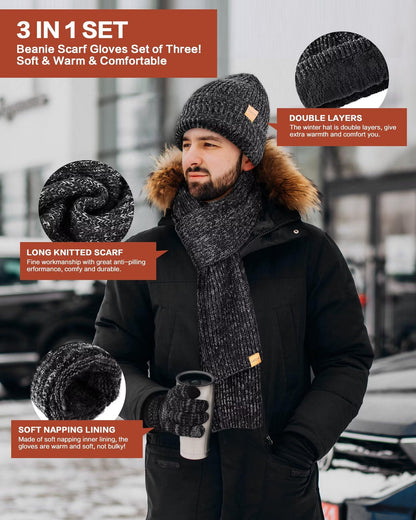 Winter Hat Gloves Scarf Set for Men Women, Mens Beanie with Fleece Lined Long Thick Scarf Touchscreen Gloves for Cold Weather, 3 in 1 Warm Gift Set(A-01)