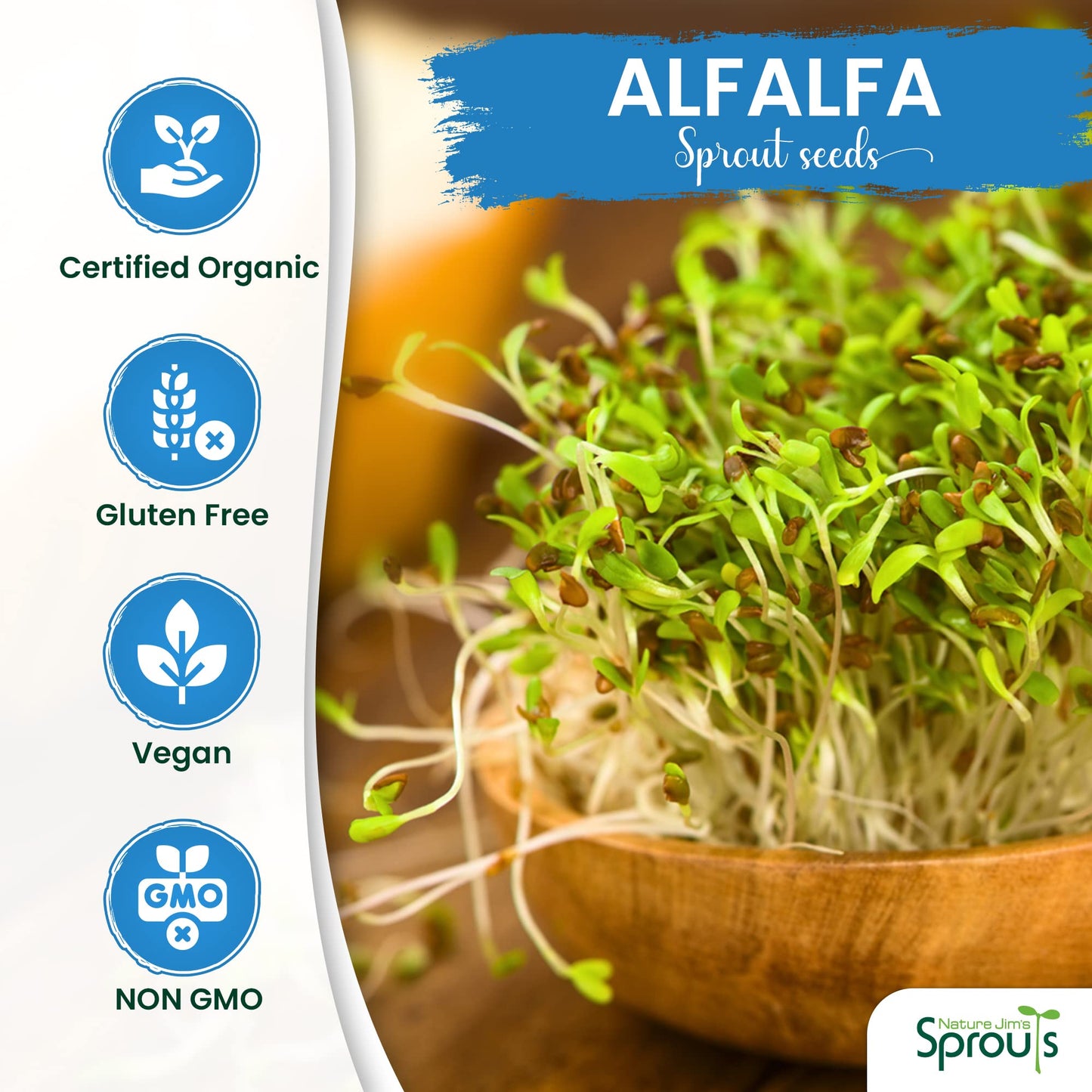 Nature Jims Sprouts alfalfa Seeds – 16 Oz Organic Sprouting Seeds – Non-GMO Premium Alfalfa Seeds – Resealable Bag for Longer Freshness – Rich in Vitamins, Minerals, Fiber
