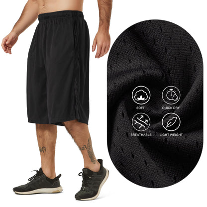 HQUEC Men's 12" Basketball Shorts Long Athletic Workout Gym Mesh Shorts Below Knee Loose-Fit with Pockets Black M
