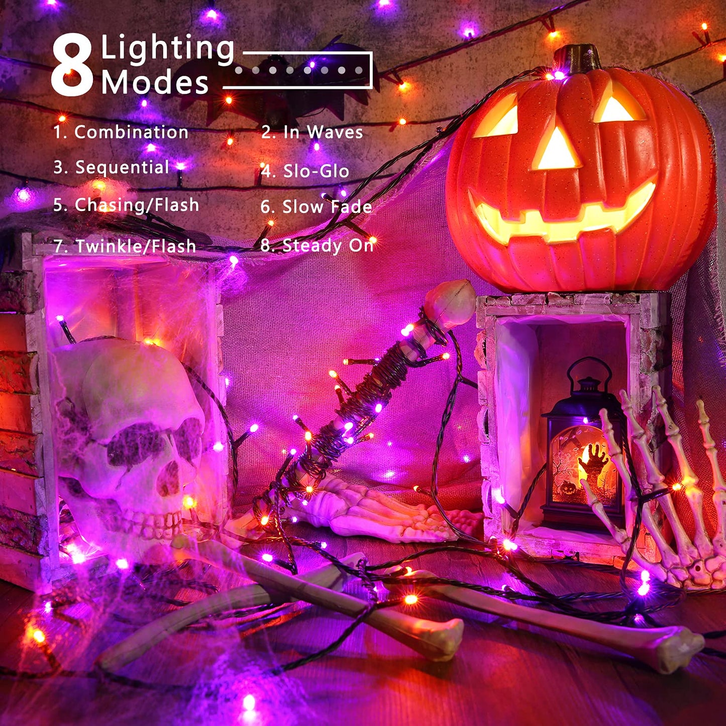 ODEETRONIC Orange & Purple Halloween Lights, 98.42ft 300 LED Orange Lights, Connectable 8 Modes Mini String Light, Plug in Twinkle Purple Halloween Light Waterproof for Holiday Party Home Garden Decor