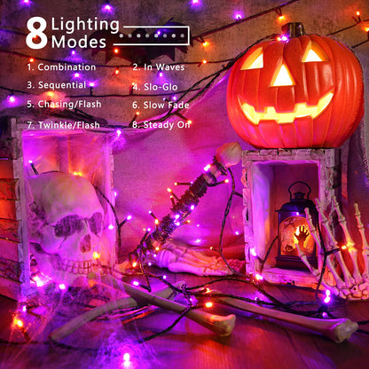 ODEETRONIC Orange & Purple Halloween Lights, 98.42ft 300 LED Orange Lights, Connectable 8 Modes Mini String Light, Plug in Twinkle Purple Halloween Light Waterproof for Holiday Party Home Garden Decor