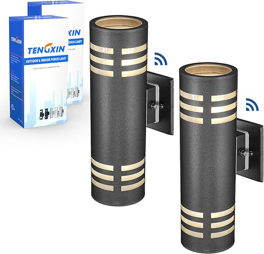 TENGXIN Outdoor Wall Lights, 2-Pack Dusk to Dawn Modern Outdoor Wall Sconce with Stainless Steel Cylinder, Black Finish Wall Mount Light,IP65 Waterproof