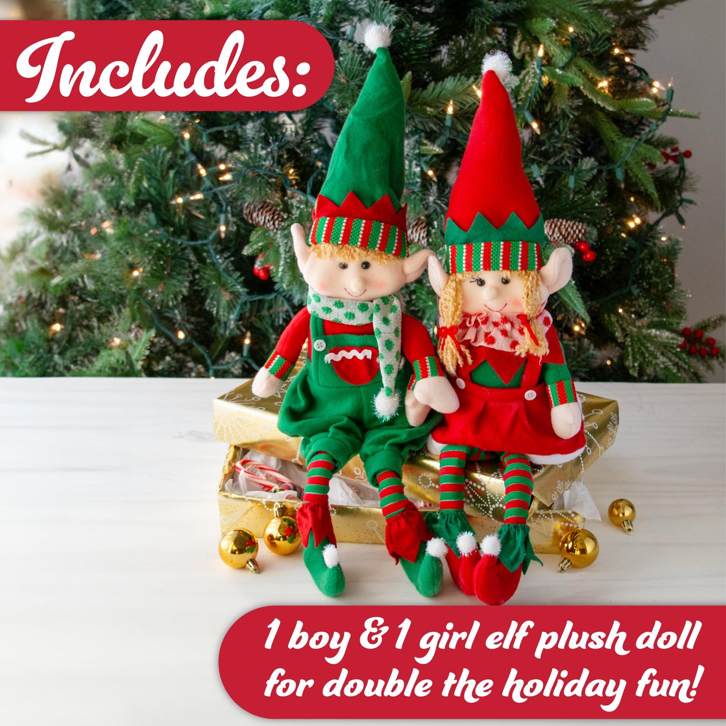 Elf Plush Christmas Stuffed Dolls, Set of 2-18" Boy and Girl Elves Holiday Cute Plush Shelf Toys - Fun Kids Buddy Figurine Decorations, Christmas Winter Holiday Party Festive Decor and Gift Exchange