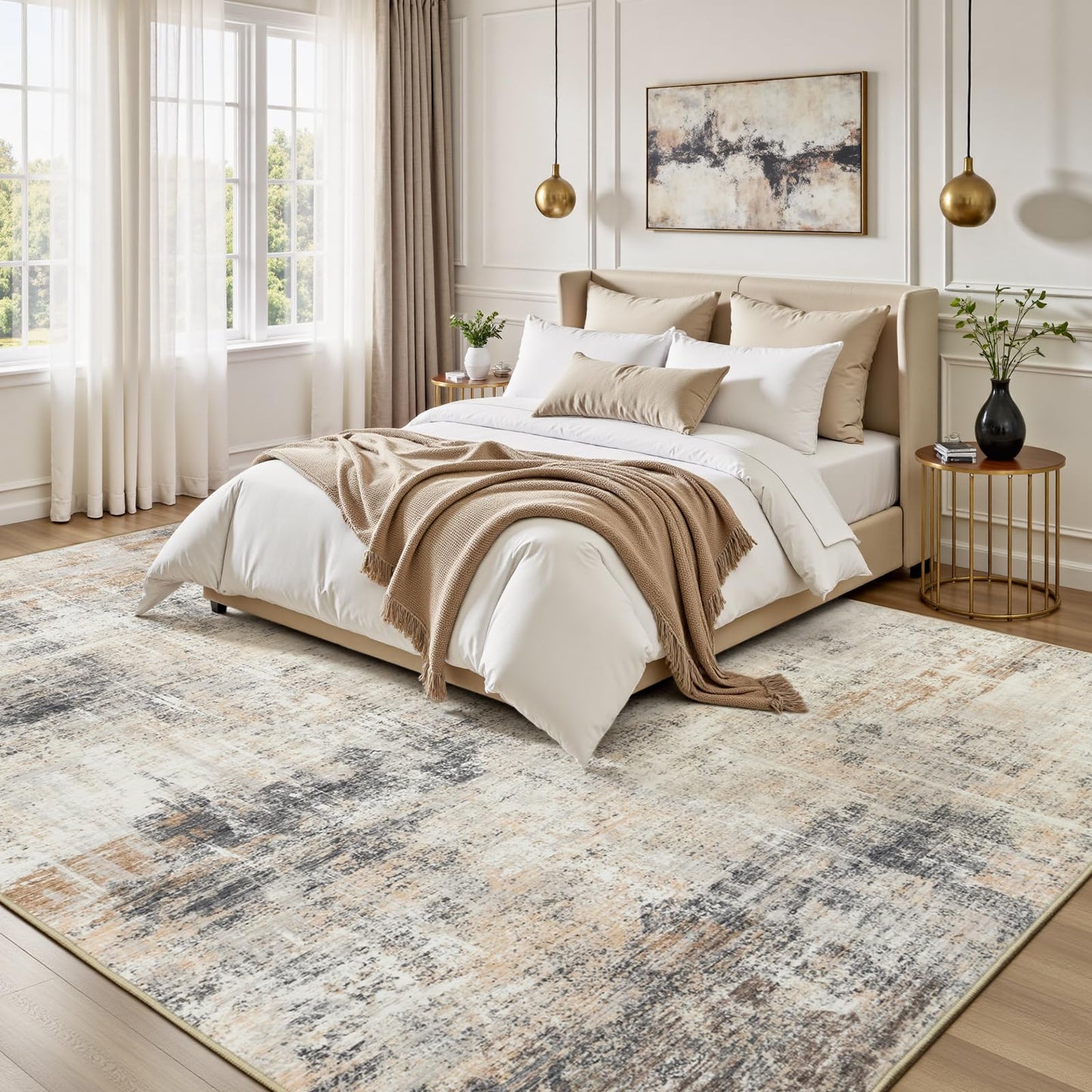 Lofus 8x10 Area Rug for Living Room, Gold Abstract Large Rugs with Non-Slip Backing, Neutral Modern Washable Carpet for Bedroom Dining Room Home Office Nursery Indoor
