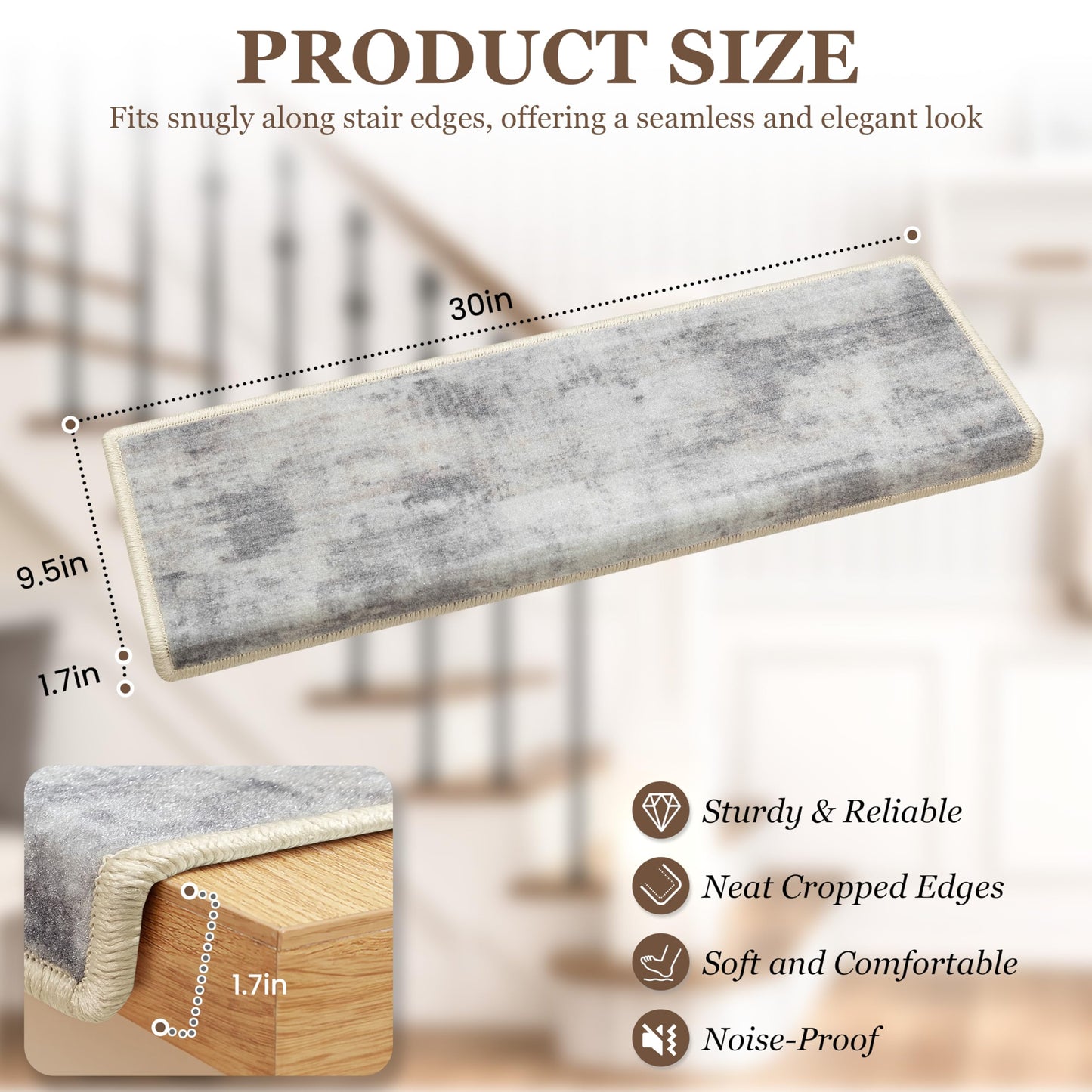 TANVILL Bullnose Stair Treads for Wooden Steps, Non-Slip Peel and Stick Carpet Stair Runner, Pet Friendly Indoor Stair Protectors, Soft Washable Reusable,9.5x30 14Pcs,Grey