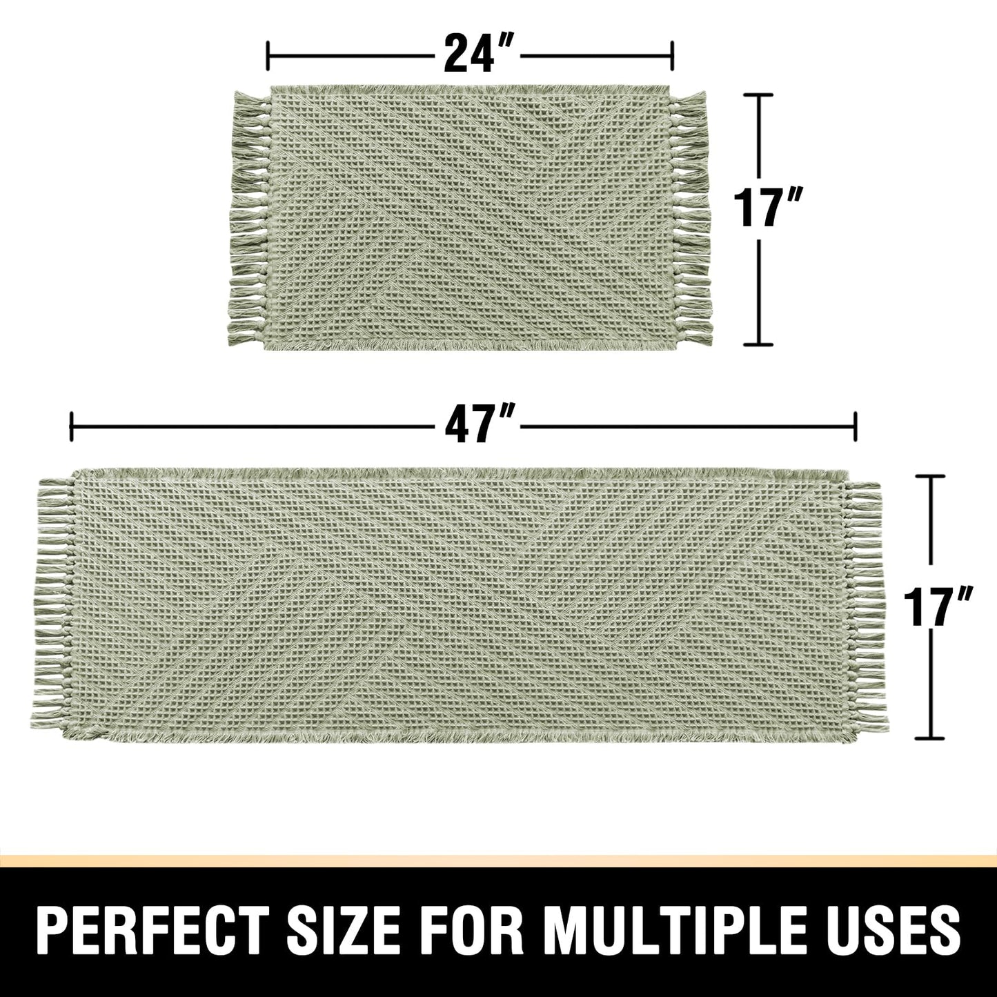 H.VERSAILTEX Waffle Bath Mat Super Absorbent Boho Bath Mat Non Slip Bath Rugs for Bathroom Floor Machine Washable Dry Fast Bathroom Rugs with Tassels (47 x 17 Plus 17 x 24 Inches, Sage)