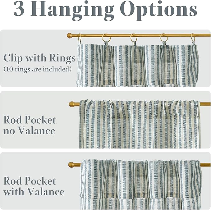 jinchan Striped Linen Kitchen Curtains with Attached Valance 24 Inch Length Cafe Tier Curtains for Living Room Rustic Half Window Light Filtering Rod Pocket Small Drapes 2 Panels Blue
