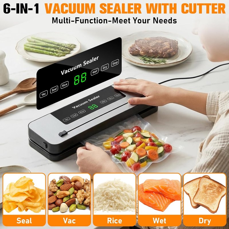 Vacuum Sealer Machine - 6-in-1 One-Touch Automatic Food Saver with Built-in Cutter | Dry & Wet Modes, Digital Timer, 30 Bags - Grey