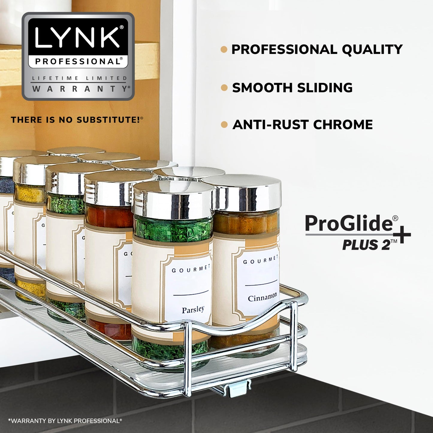 LYNK PROFESSIONAL® Pull Out Spice Rack Organizer for Inside Kitchen Cabinets - 4-1/4 inch Wide - Slide Out Drawer – Chrome Sliding Spice Cabinet Organization Shelf Racks - 2 Tier