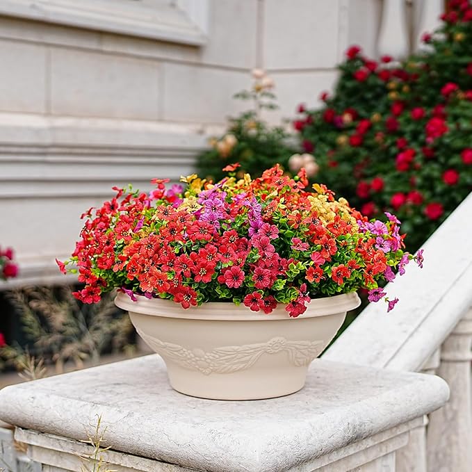Outdoor Artificial Flowers, 16 Bundles Fake Flowers Summer Decoration, No Fade Faux Plastic Shrubs for Garden Patio Porch Window Box Decor (Mix 4 Color)