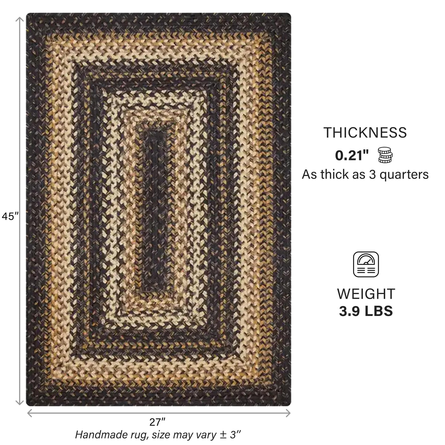 Kilimanjaro Jute Braided Rug 27x45 Black & Tan – Country Primitive Braided Rugs for Entryway, Kitchen & Bedroom – Durable, Reversible & No-Shed Braided Kitchen Rugs