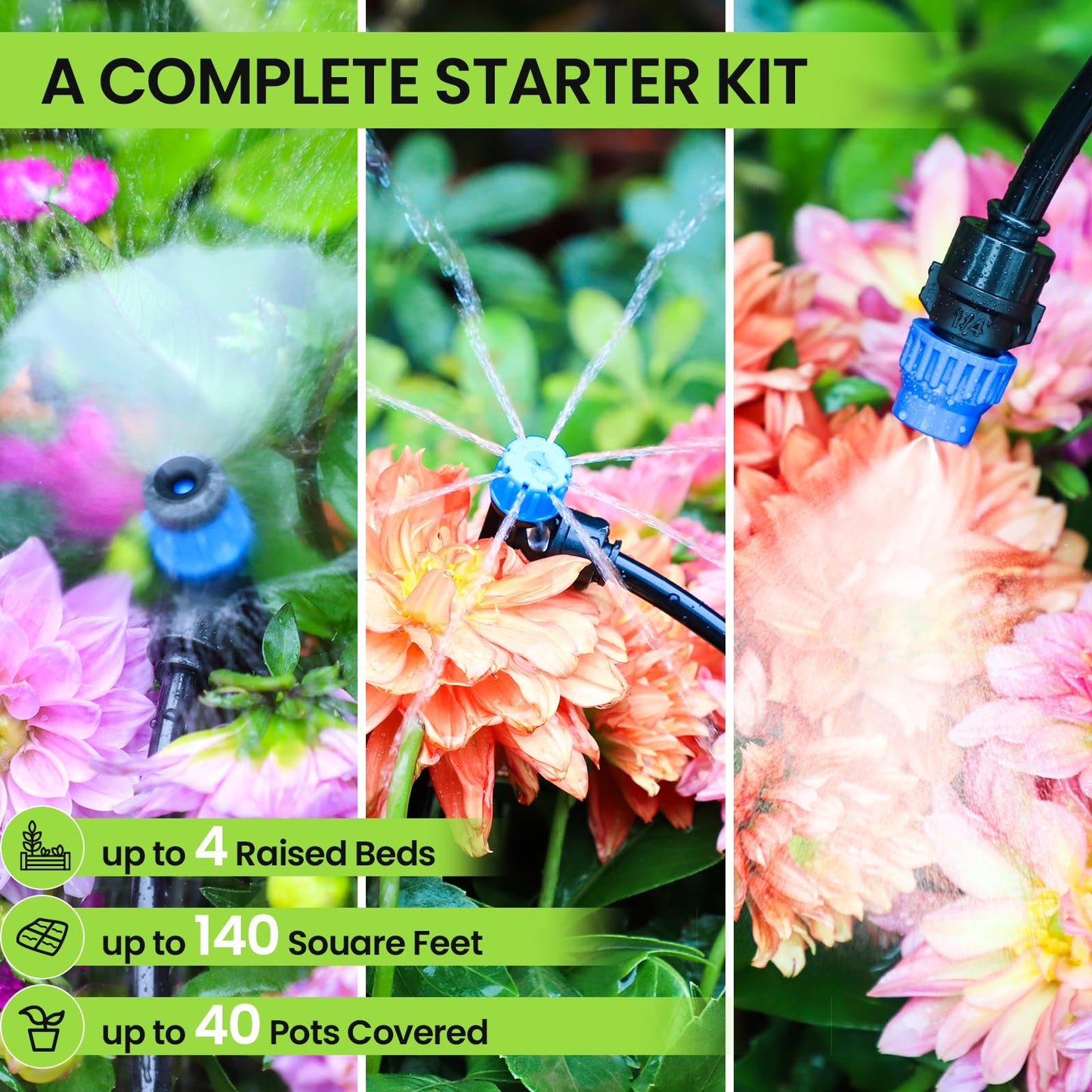 Bonviee Drip Irrigation System, 230FT Garden Watering System with Quick-to-Connect Fittings, Adjustable Drip Emitters, 1/4” & 5/16” Tubing, Drip Irrigation Kit for Raised Garden Beds, Greenhouse, Lawn
