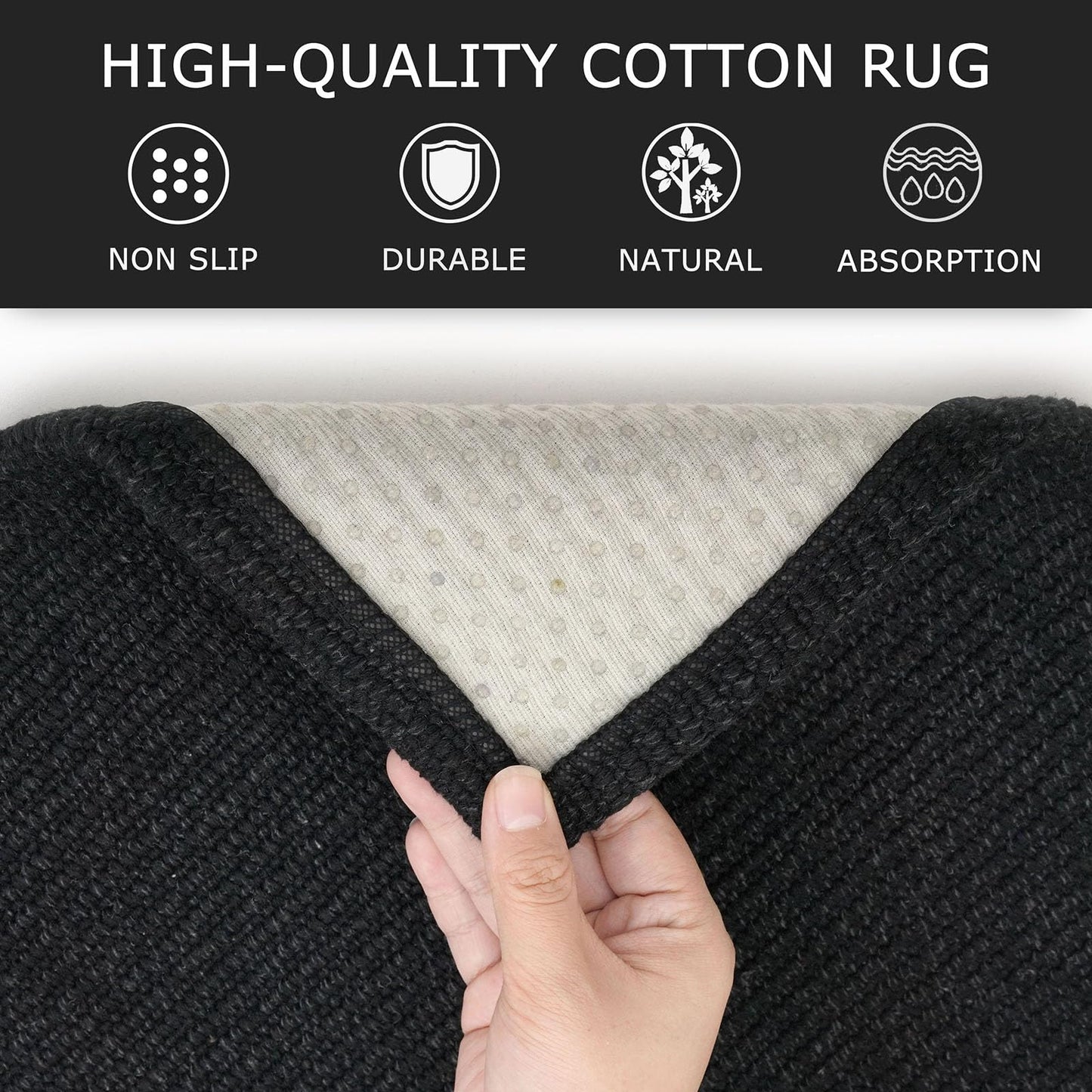 KOZYFLY Washable Area Rug 2x3 Ft Small Entryway Rug Indoor Door Mat Non Slip Front Door Rugs Indoor Braided Cotton Floor Carpet for Front Entrance Bathroom Kitchen Foyer, Black