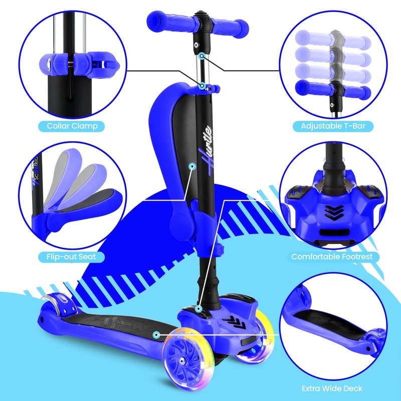 Hurtle 3 Wheeled Scooter for Kids - 2-in-1 Sit/Stand Child Toddlers Toy Kick Scooters w/ Flip-out Seat, Adjustable Height, Wide Deck, Flashing Wheel Lights, Great for Outdoor Fun -(Blue)