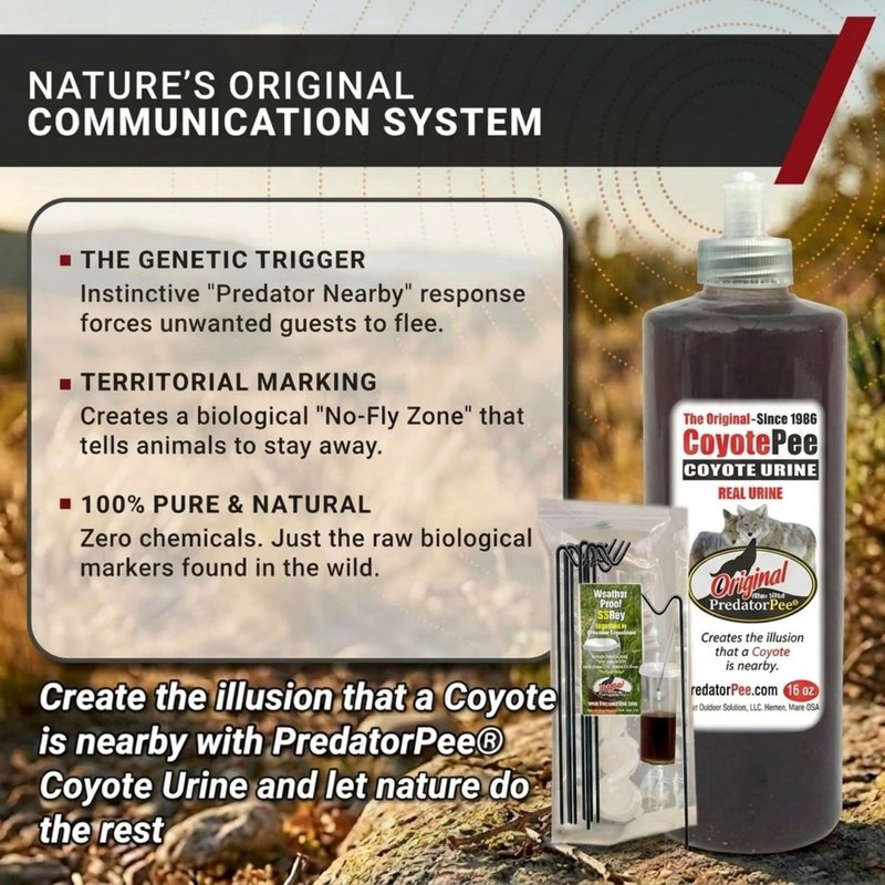 PredatorPee 100% Coyote Urine EZ Fill Squeeze Cap Bottle with 33 Day Dispensers, Territorial Marking Scent for Outdoor Use, Creates Predator Presence Illusion for Deer Raccoons Groundhogs Rats, 16 Oz