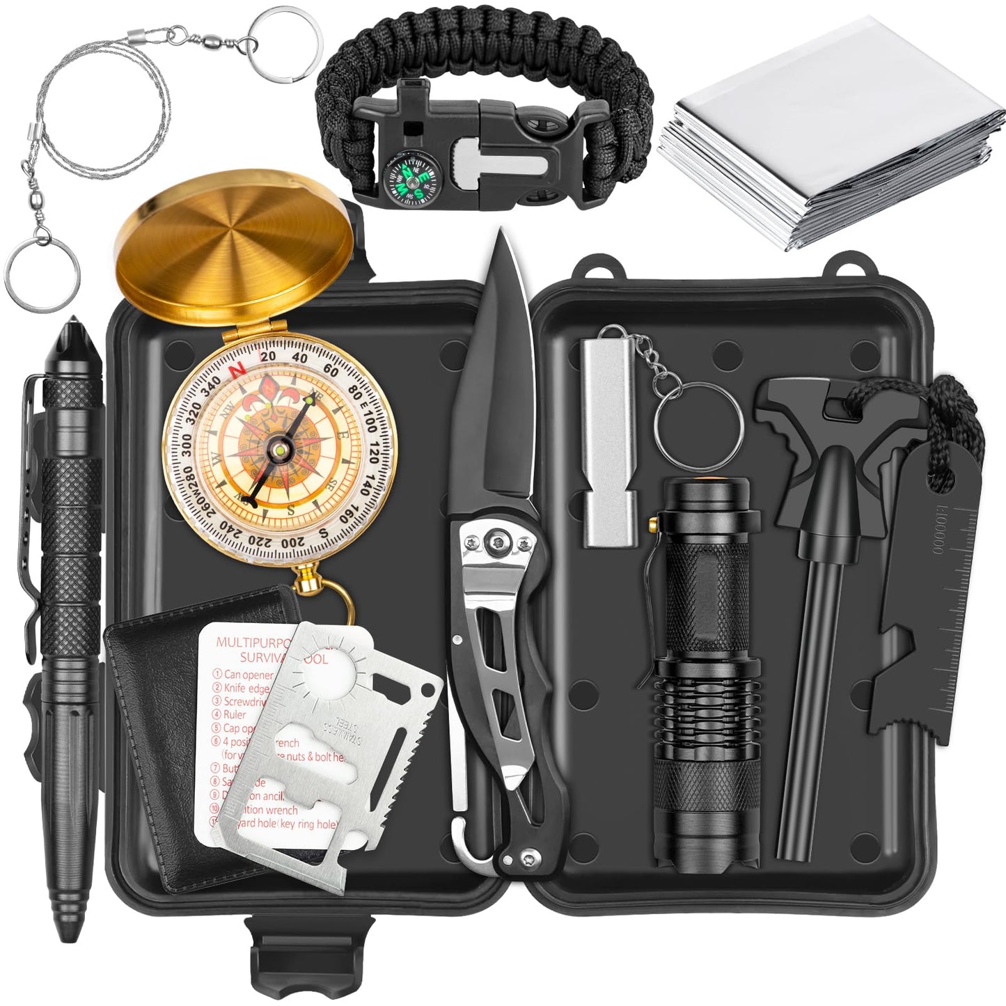 Alritz Emergency Survival Kit, for Men 12 in-1 Outdoor Survival Gear Lifesaving Tools Contains Compass, Fire Starter,for Camping Hiking Wilderness Adventures Disaster Preparedness