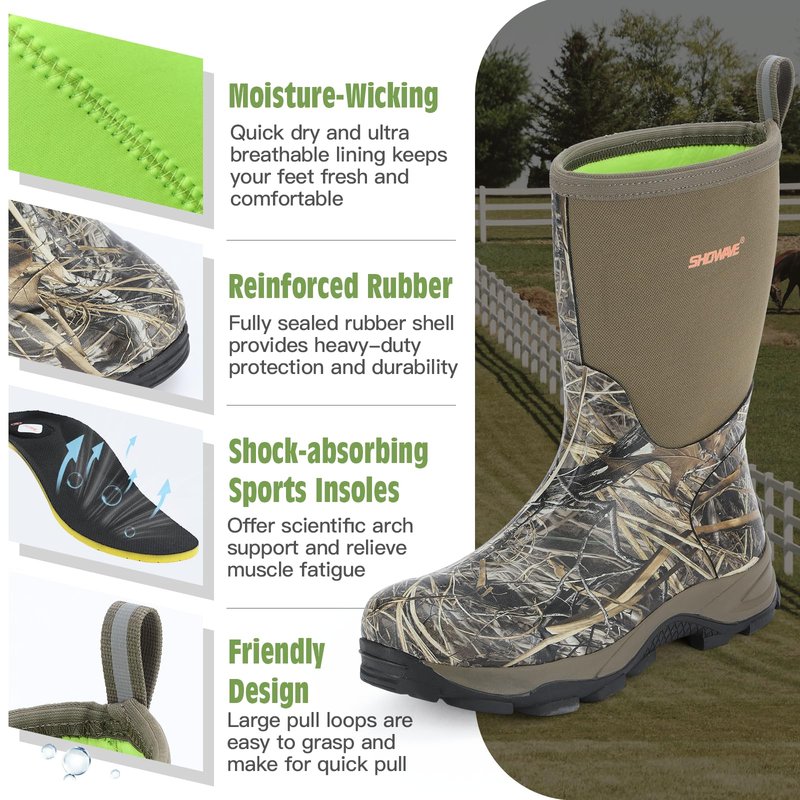 Showave Men's Mid Calf Rubber Work Boots Waterproof Insulated Rain Boots for Outdoor Mud Gardening