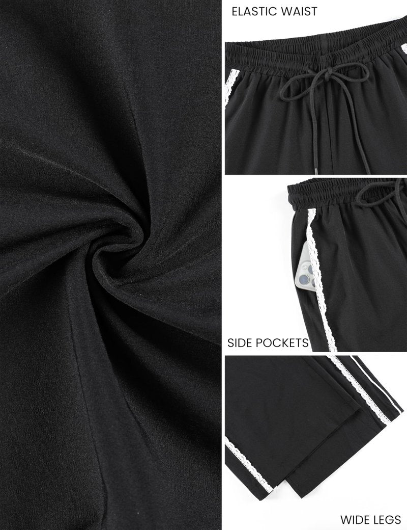 Yeokou Women's Wide Leg Sweatpants Side Stripe Crochet Slip on Drawstring Casual Running Track Palazzo Pants with Pockets